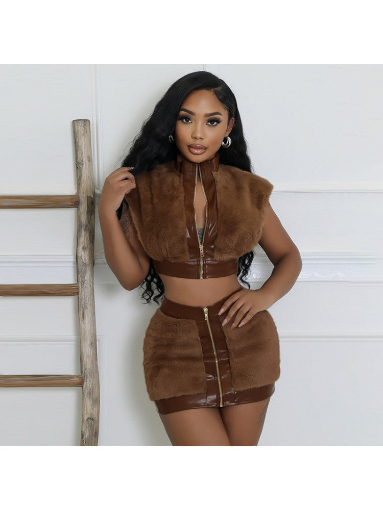 Fluffy Leather Skirt Set