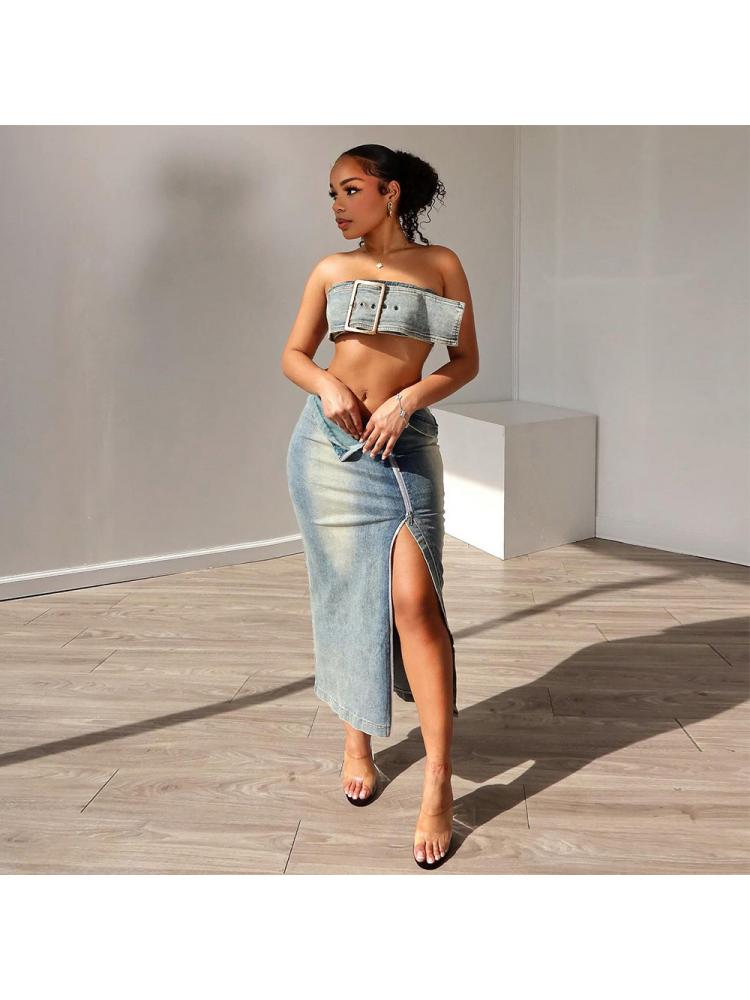 Denim Tube Skirt Set