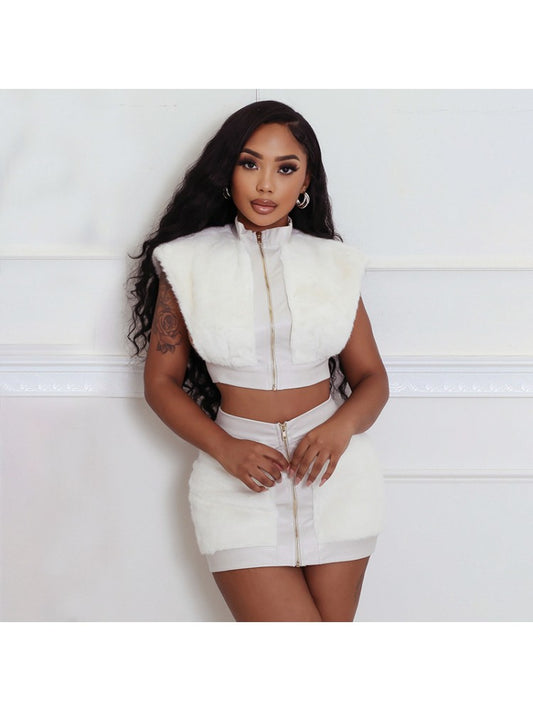 Fluffy Leather Skirt Set