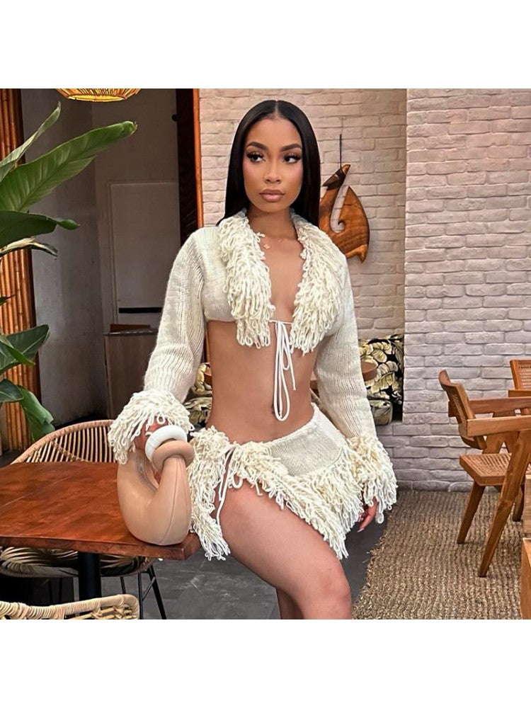 Woolen Crop Skirt Set