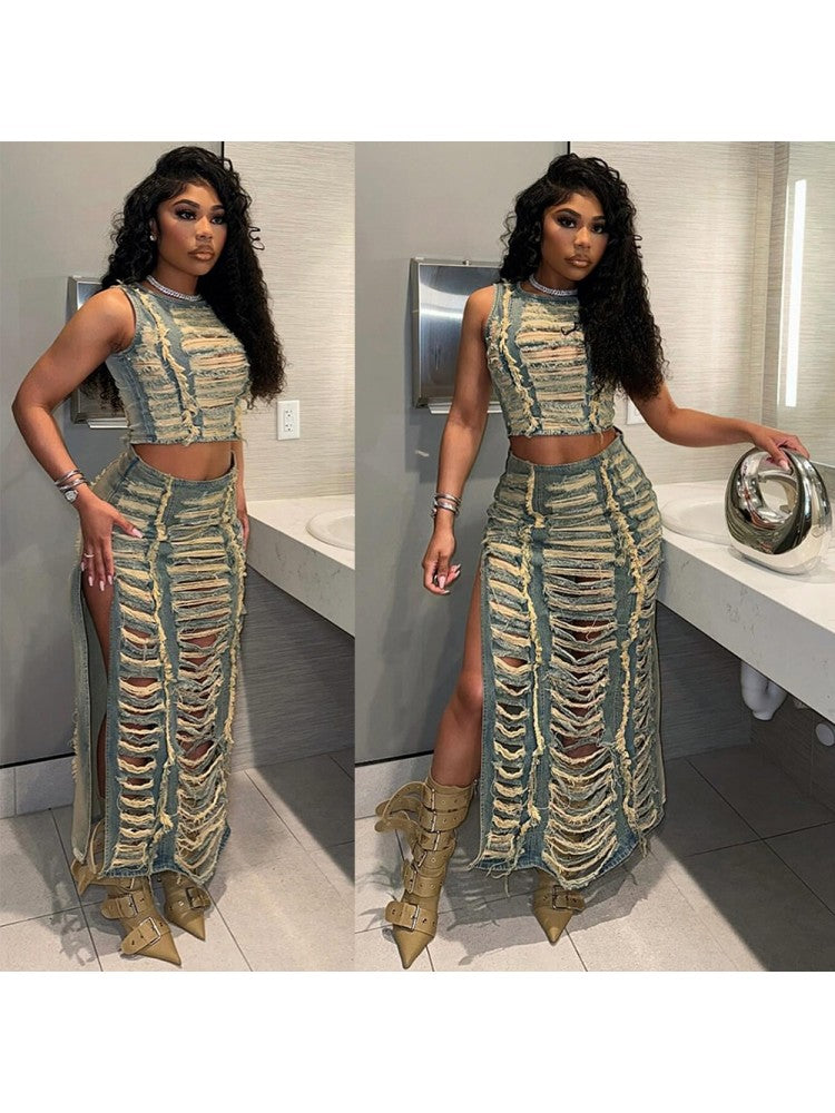 Ripped Split Skirt Set