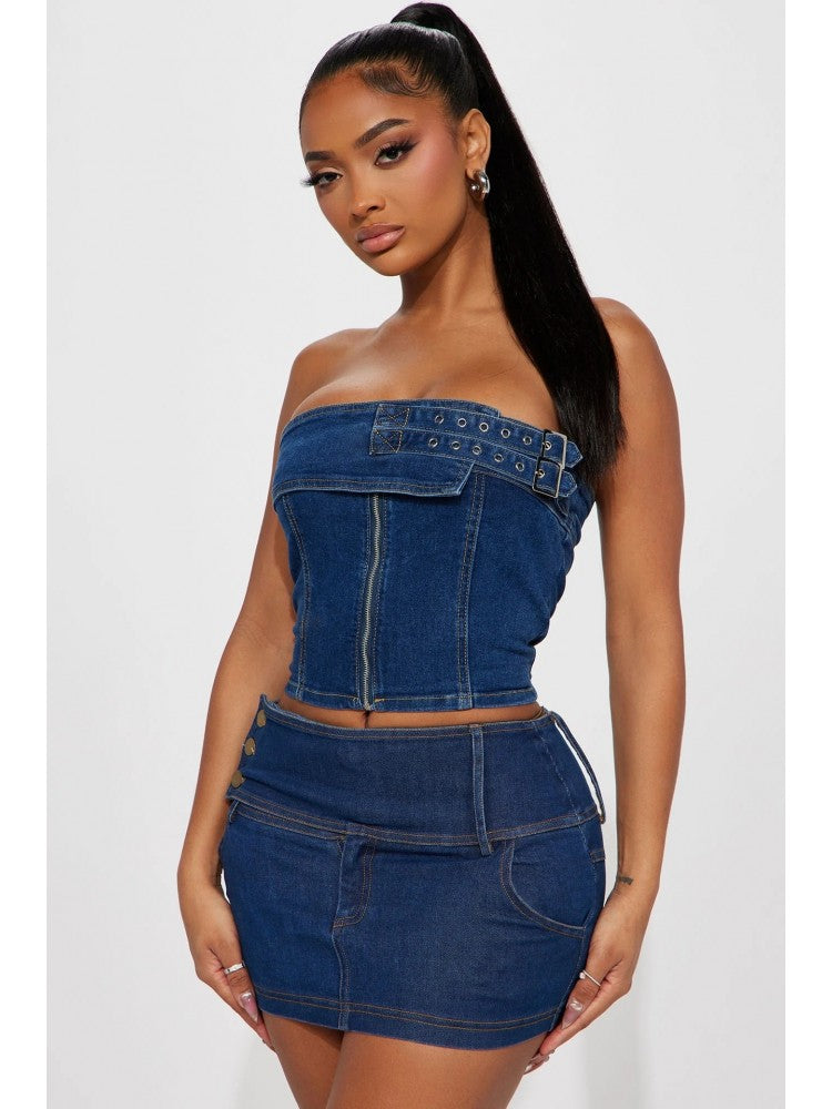 Jean Strapless Shirt Skirt Set