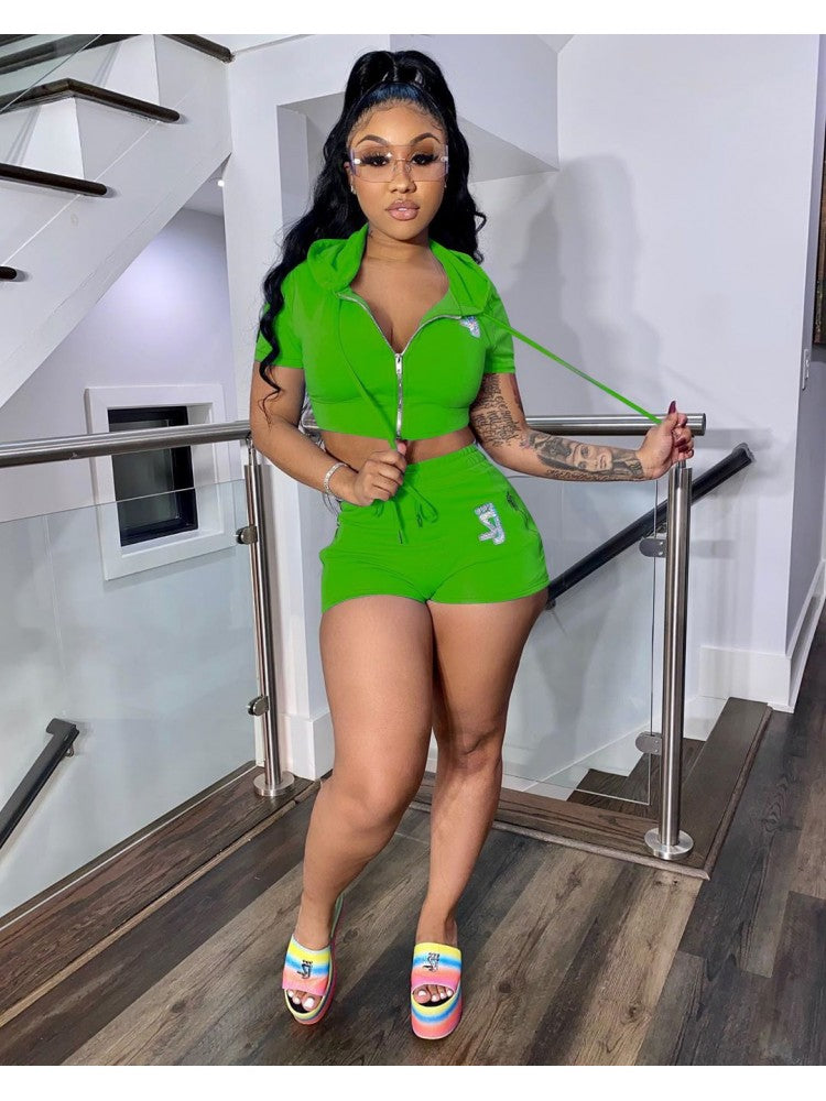 Zipper Solid 2 Piece Short Set