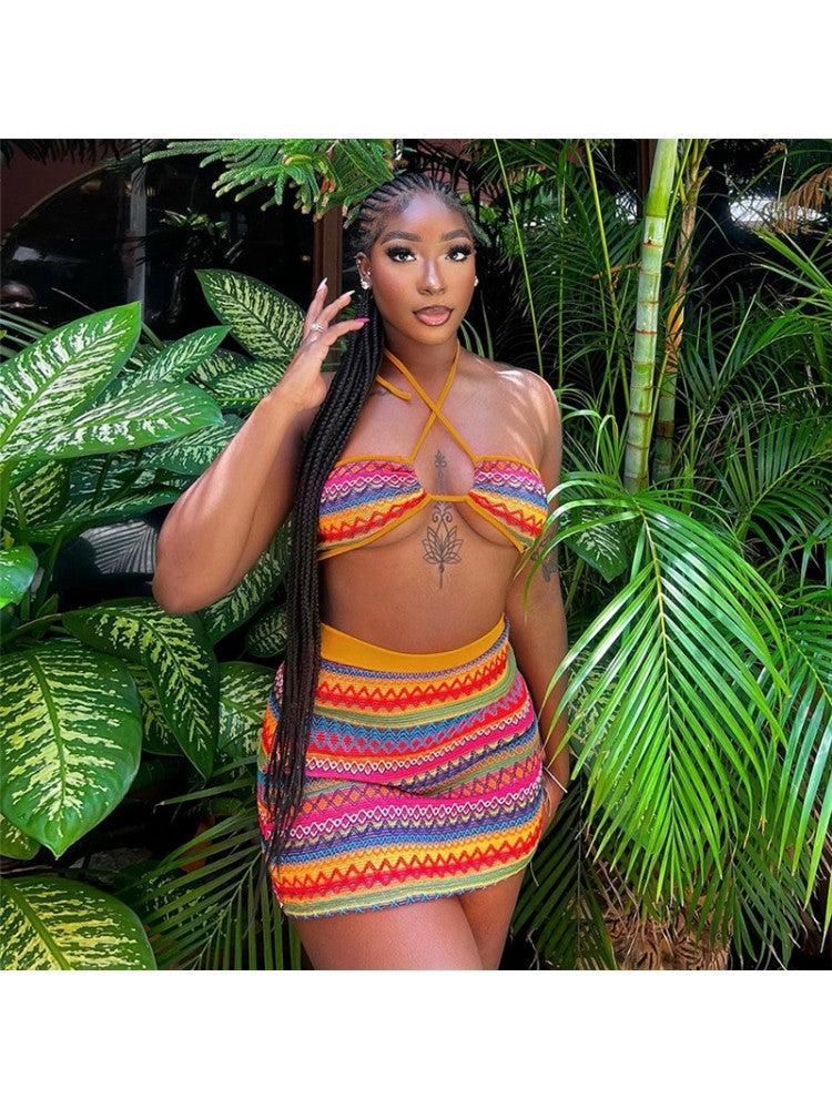 Halter Striped Skirt Set