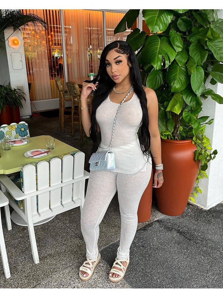 Plain Slit Pants Set