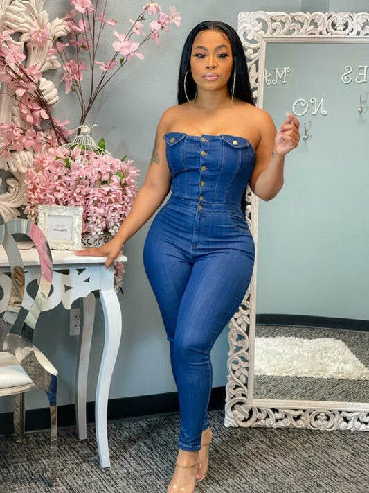 Denim Strapless Jumpsuit