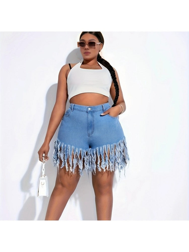 Plus Size Denim Tassel Shorts