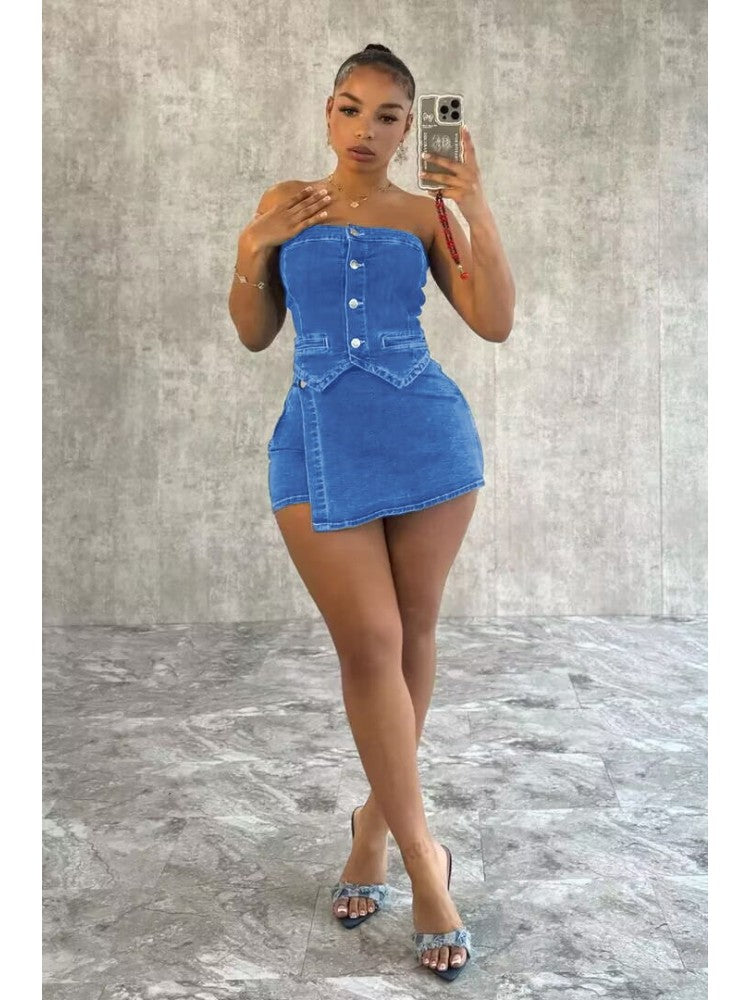 Denim Crop Short Set