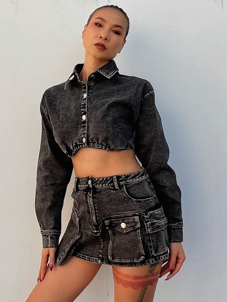 Crop Denim Skirt Set