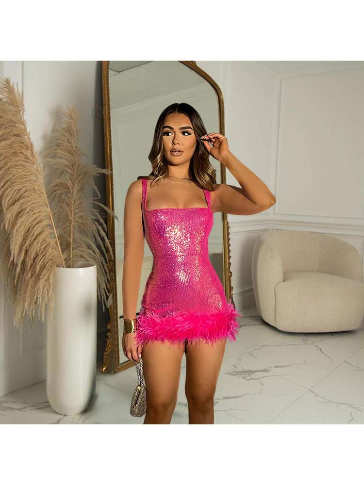 Feather Sequin Mini Dress