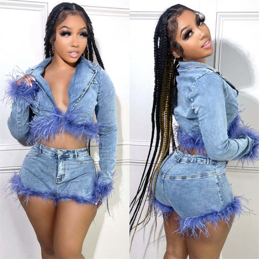 Denim Fur Short Set