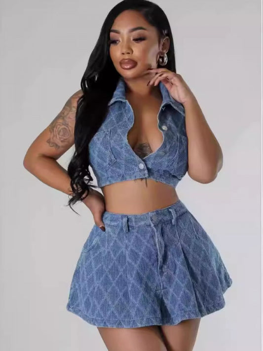 Denim Fitted Skirt Set