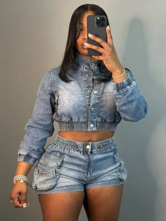 Denim Crop Short Set