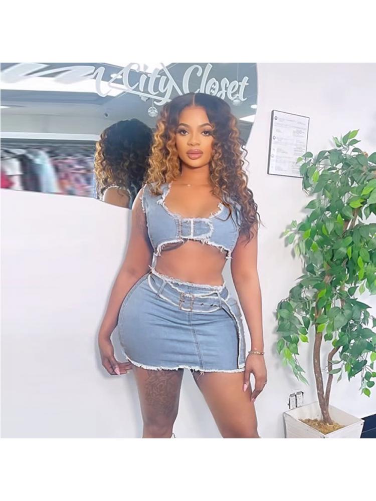 Denim Crop Skirt Set