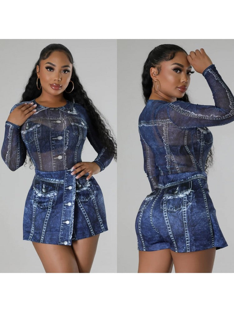 Denim Print Skirt Set