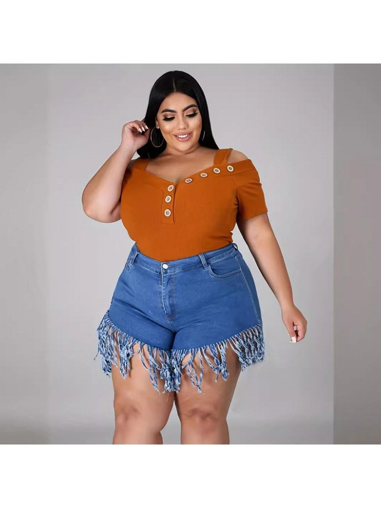 Plus Size Denim Tassel Shorts