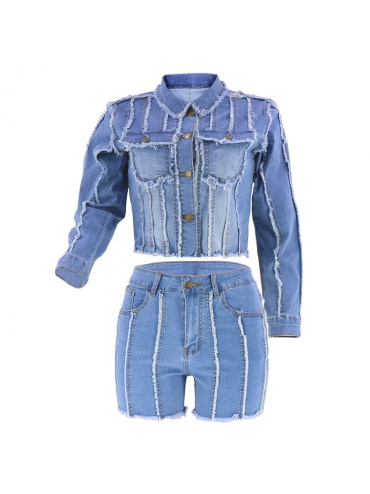 Denim Crop Jacket Set