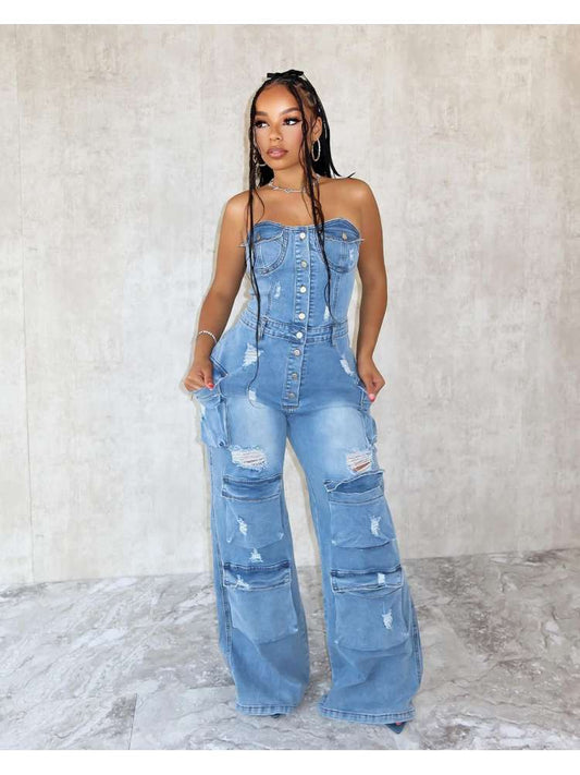 Denim Cargo Jumpsuit