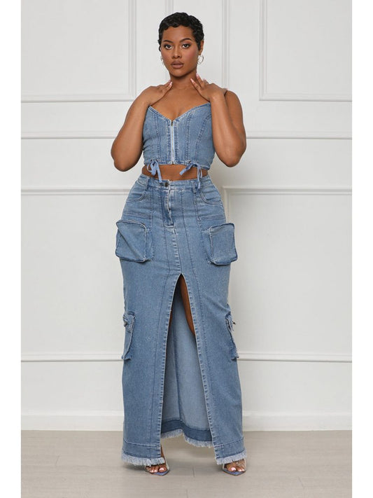 Denim Cargo Skirt Set