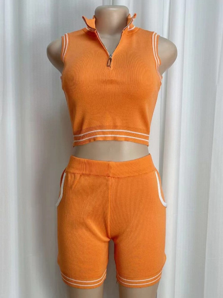 Knitted Zipper Short Set