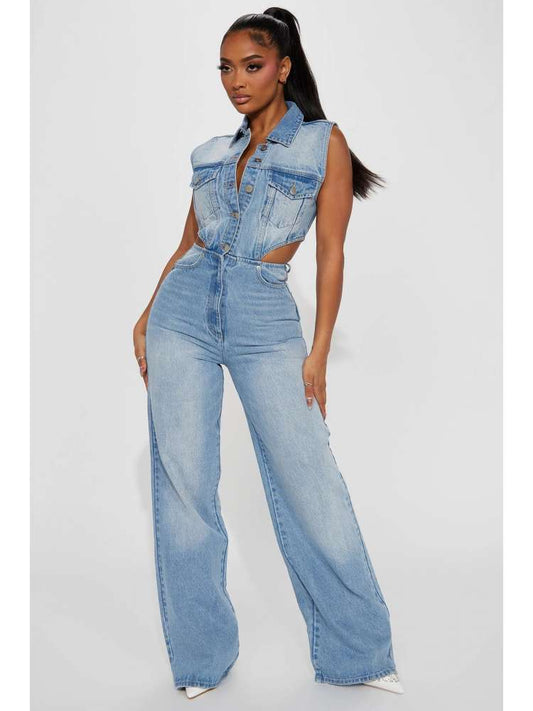 Denim Hollow Out Jumpsuit