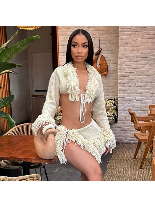 Woolen Crop Skirt Set
