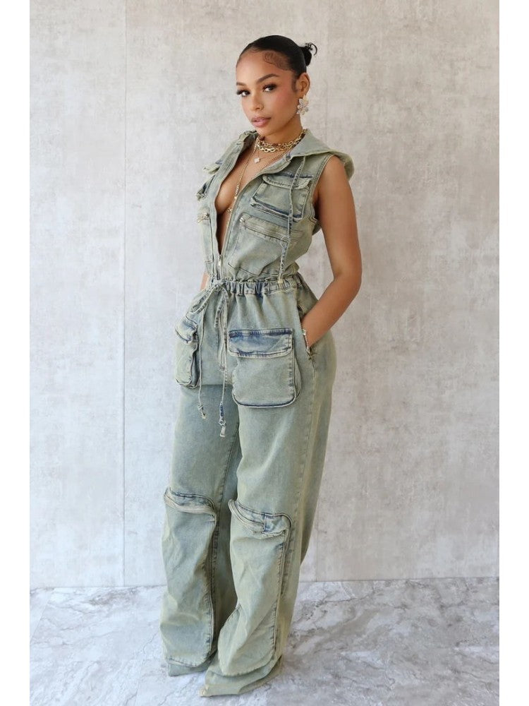 Denim Hoodie Jumpsuit