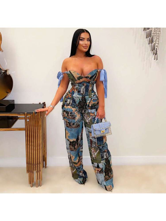 Painting Off Shoulder Jumpsuit