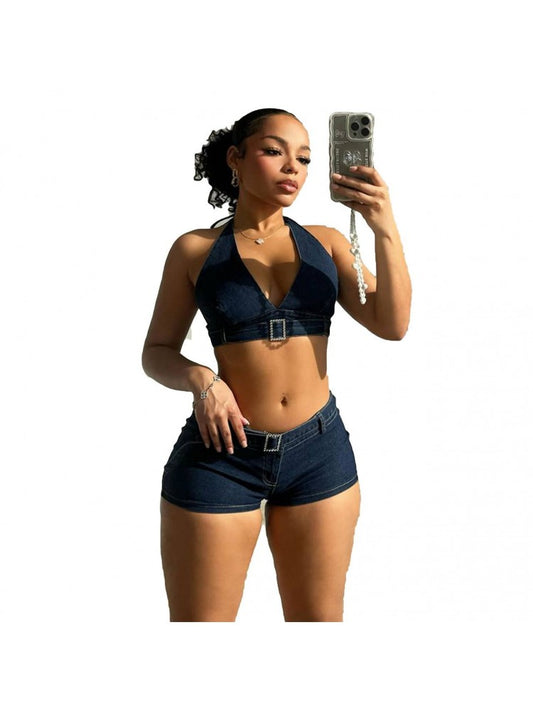 Denim Halter Short Set