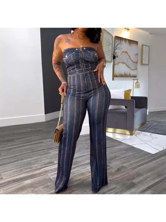 Denim Striped Strapless Jumpsuit