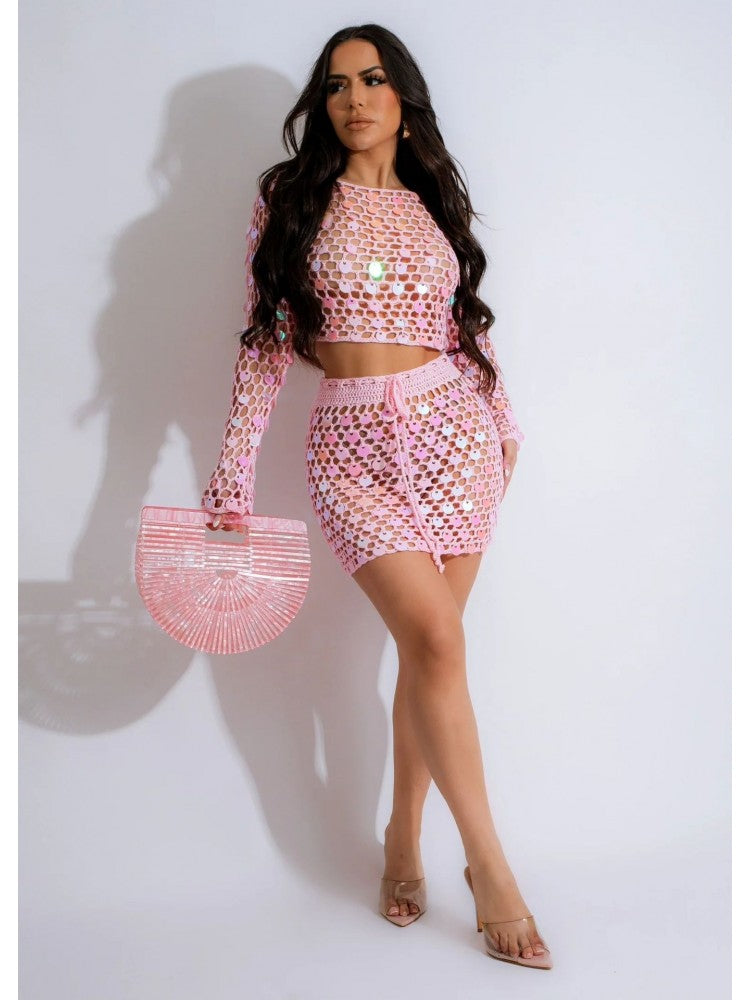 Sequin See Through Skirt Set