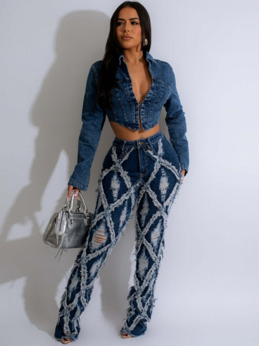 Rhombus Denim Flare Pants