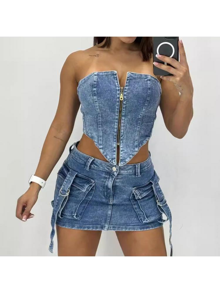 Denim Cargo Skirt Set