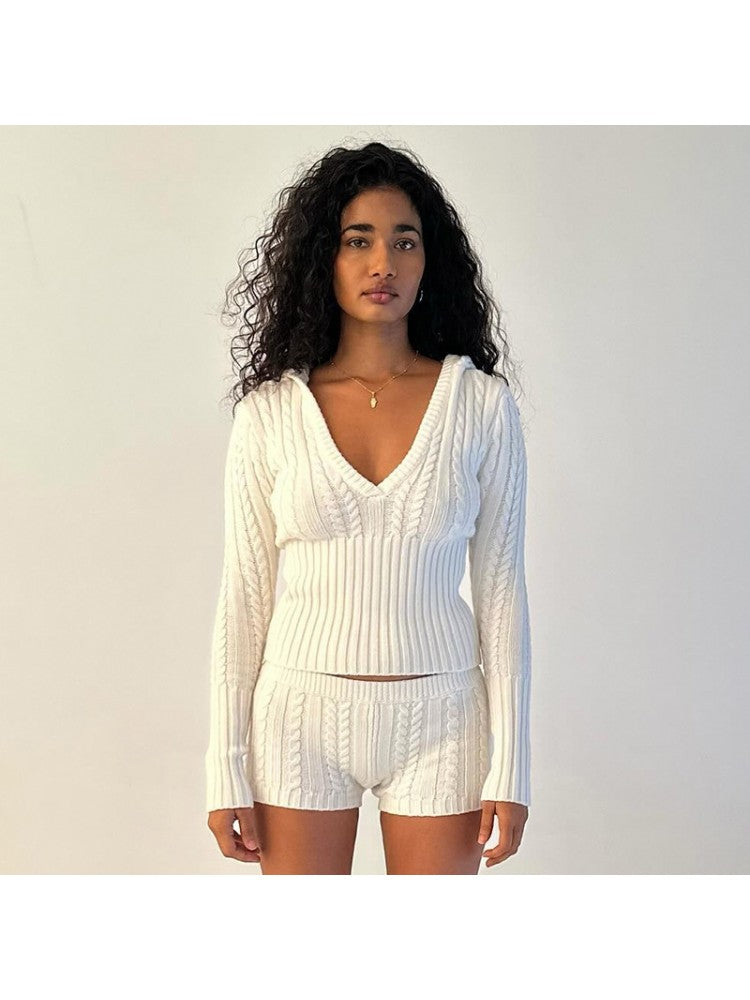 Knitted V Neck Short Set