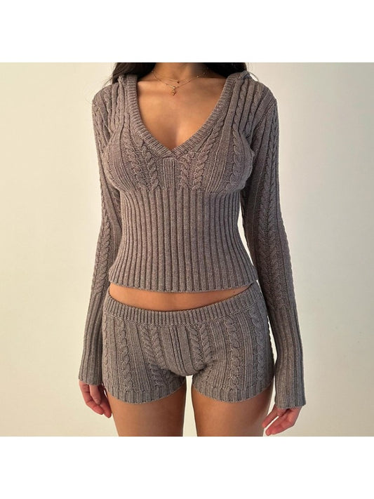 Knitted V Neck Short Set