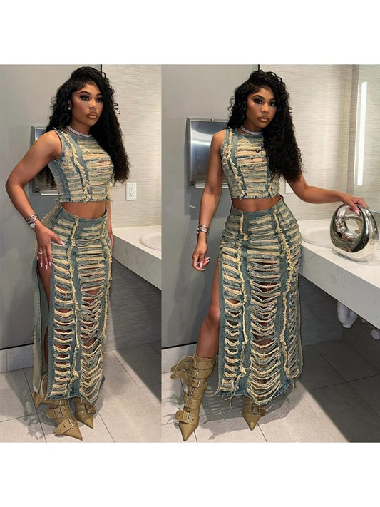 Ripped Split Skirt Set