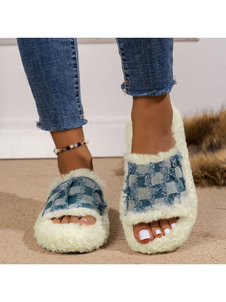 Denim Fur Slippers