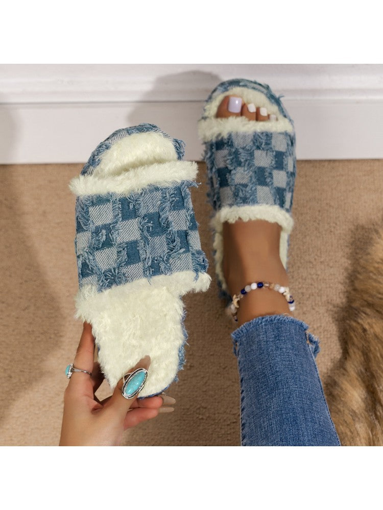 Denim Fur Slippers