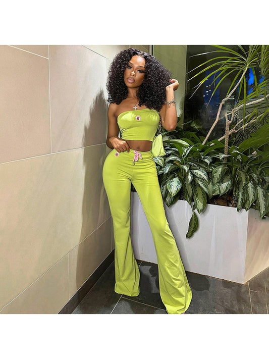 Embroidery Strapless Flare Pants Set