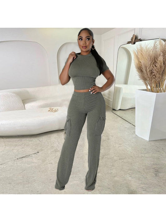 Solid Crop Trouser Set