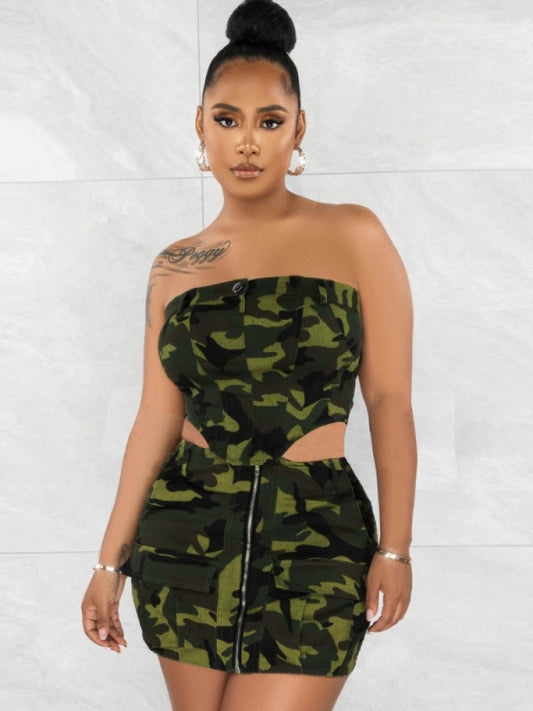 Zipper Camo Sleeveless Top & Skirt Set