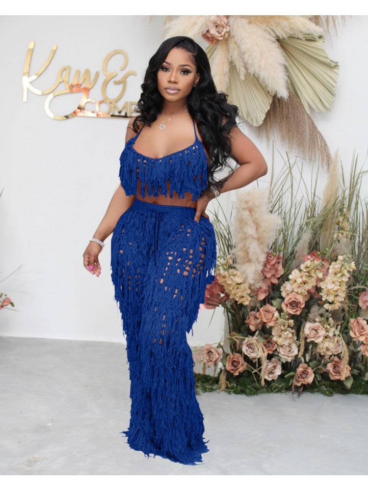 Sexy Backless Halter Tassel Set