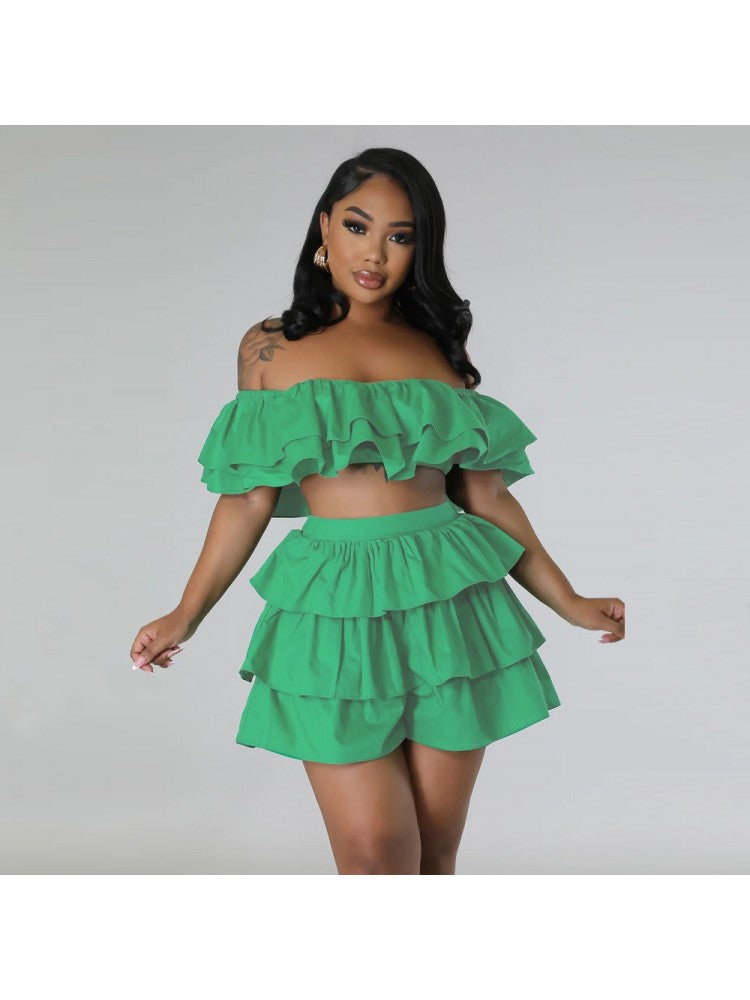 Solid Ruffle Shoulder Crop Skirt Set