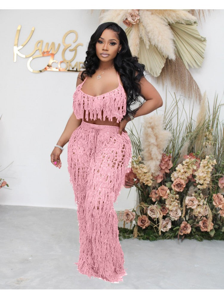 Sexy Backless Halter Tassel Set