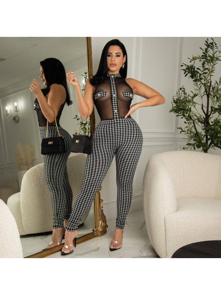 See Through Houndstooth Jumpsuit