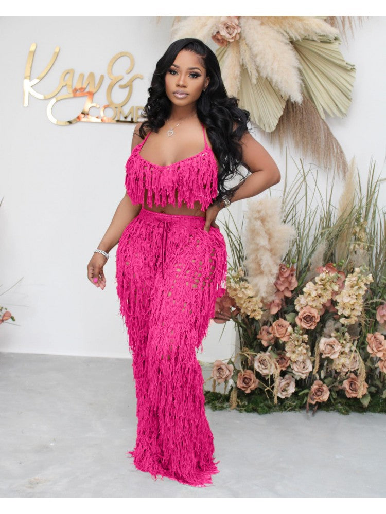 Sexy Backless Halter Tassel Set