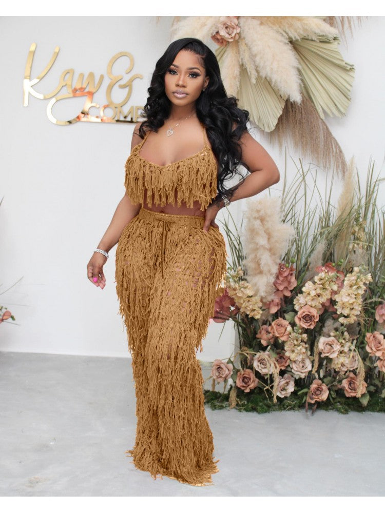 Sexy Backless Halter Tassel Set