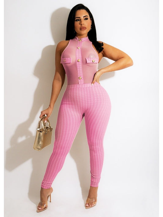 See Through Houndstooth Jumpsuit