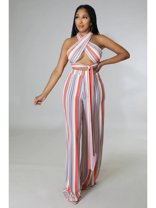 Striped Halter Pants Set