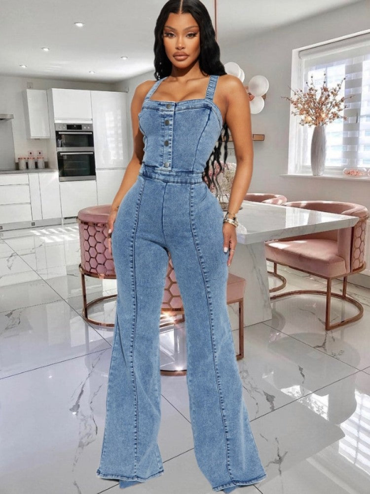 Sleeveless Denim Wide Leg Jumpsuit